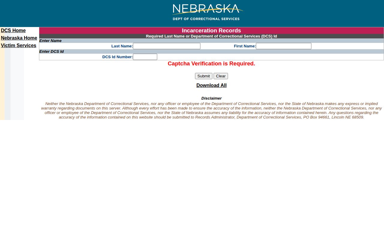 Sheridan County state custody record context in the NDCS incarceration search